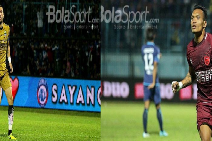 Vladimir Vujovic, pemain bertahan Bhayangkara FC dan Ferdinand Sinaga, striker PSM Makassar