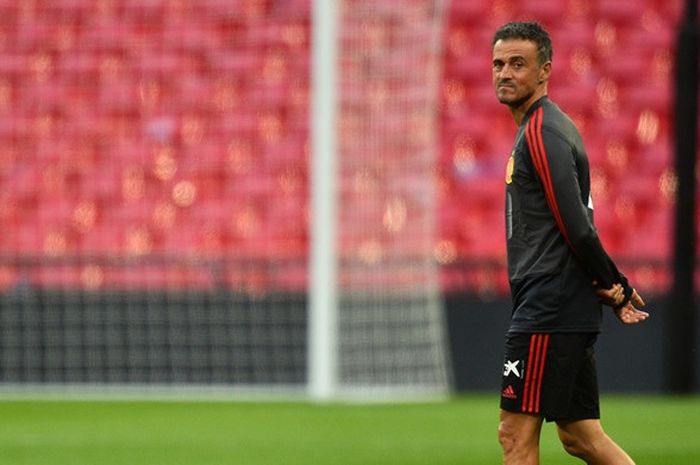 Pelatih timnas Spanyol, Luis Enrique, memimpin sesi latihan timnya di Stadion Wembley, London, Inggris pada 8 September 2018.