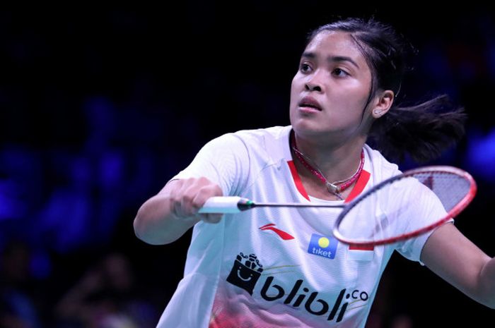  Gregoria Mariska Tunjung saat berhadapan dengan Saina Nehwal (India) pada babak semifinal Denmark O