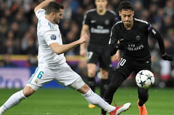 Aksi Neymar pada laga leg pertama babak 16 besar Liga Champions antara Real Madrid melawan Paris Saint-Germain di Stadion Santiago Bernabeu, Rabu (14/2/2018) waktu setempat.