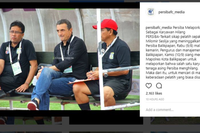 Unggahan Instagram Resmi Persiba Terkait Kepergian Pelatih Milomir Seslija