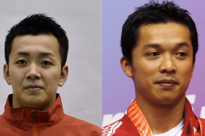 Kenta Nishimoto (iri) dan Taufik Hidayat (kanan).