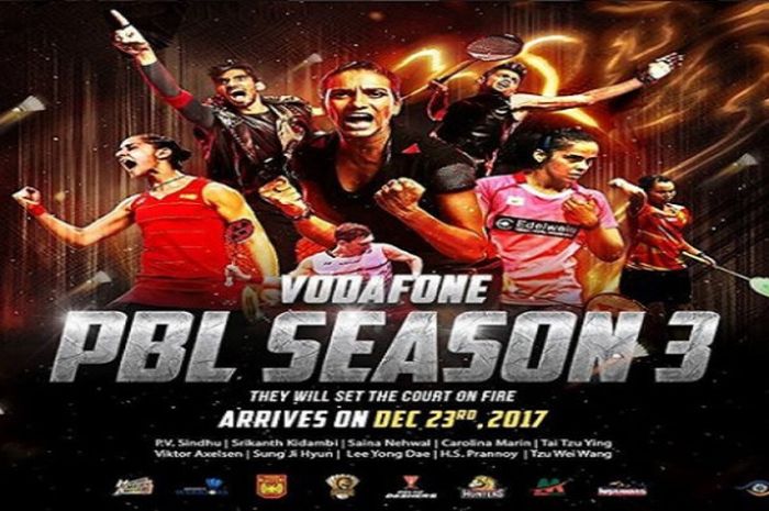 Poster turnamen bulu tangkis Premier Badminton League musim 2017-2018 yang akan bergulir 23/12/2017-14/1/2018 di India.