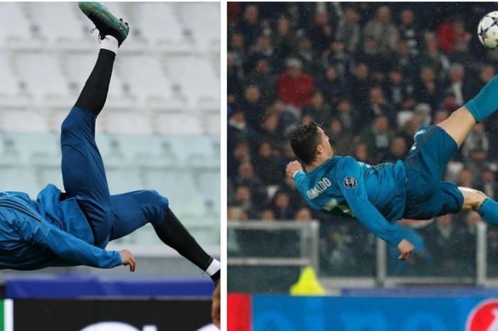 Aksi tendangan salto Ronaldo ketika berlath sebelum pertandingan (kanan) dan tendangan spektakuler ketika pertandingan Real Madrid melawan Juventus di leg pertama babak perempat final Liga Champions pada Rabu (4/4/2018).