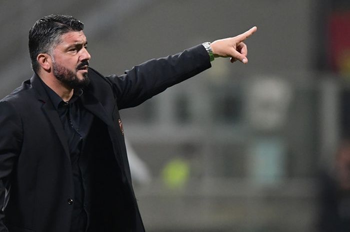 Ekspresi pelatih AC Milan, Gennaro Gattuso, dalam laga Grup F Liga Europa melawan Real Betis di Stadion San Siro, Milan, Italia pada 25 Oktober 2018.