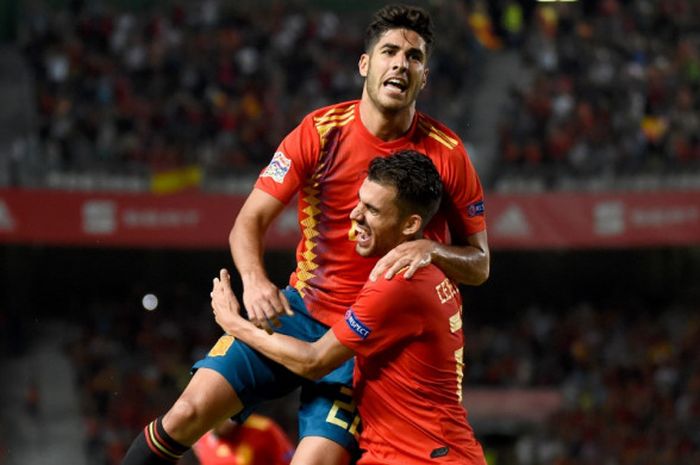 Pemain Spanyol, Marco Asensio, melakukan selebrasi setelah mencetak gol ke gawang Kroasia pada pertandingan Liga A Grup 4 UEFA Nations League di Stadion Martinez Valero, Selasa (11/9/2018) waktu setempat atau Rabu dini hari WIB,  