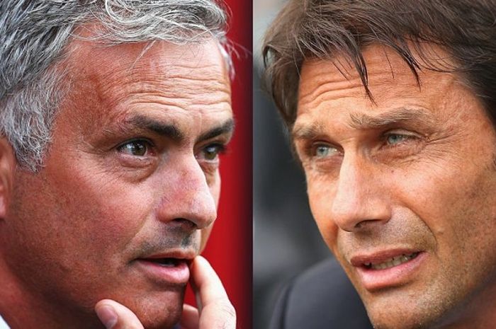 Manajer Manchester United, Jose Mourinho (kiri) dan Manajer Chelsea, Antonio Conte.