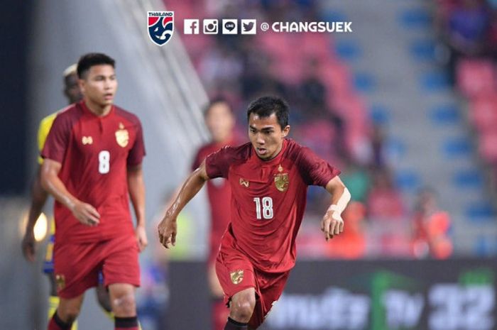 Pemain timnas Thailand, Chanatip Songkrasin, saat bermain melawan timnas Gabon dalam ajang Kings Cup 2108 di Stadion Rajamangala, Kamis (22/3/2018).