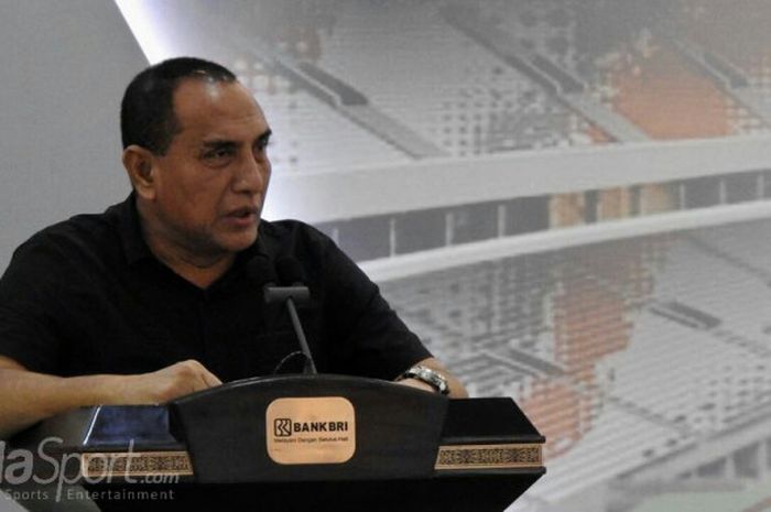  Ketua Umum PSSI, Edy Rahmayadi pada acara kerja sama PSSI-BRI, Rabu (1/8/2018). 