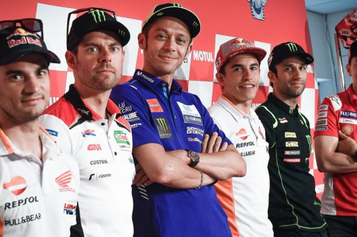 Dani Pedrosa, Cal Crutchlow, Valentino Rossi, Marc Marquez, Johann Zarco, dan Jorge Lorenzo, saat sesi jumpa pers jelang MotoGP Belanda, Kamis (28/6/2018).