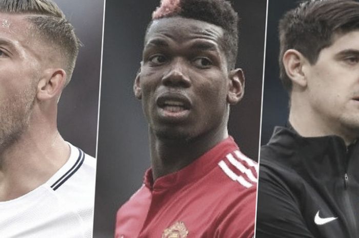 Kolase foto Toby Alderweireld (kiri, Tottenham Hotspur), Paul Pogba (tengah, Manchester United), dan Thibaut Courtois (kanan, Chelsea).