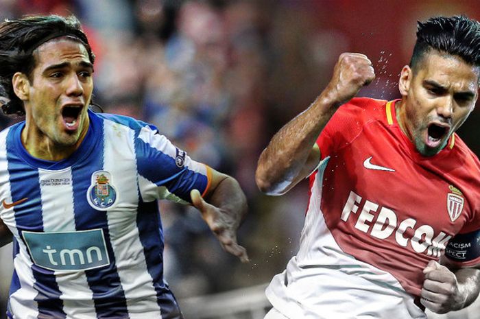 Radamel Falcao beraksi ketika membela FC Porto (kiri) dan AS Monaco.