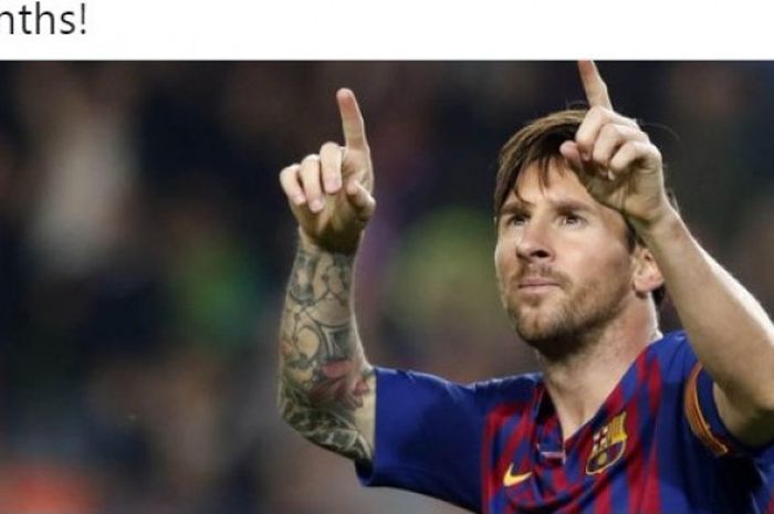 Megabintang FC Barcelona, Lionel Messi, melakukan selebrasi.