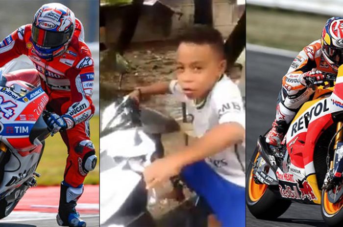 Valdy (tengah) seorang anak asal Kupang, Nusa Tenggara Timur, videonya viral saat menirukan aksi komentator MotoGP.