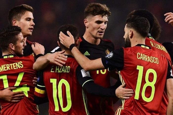 Para pemain Belgia merayakan gol ke gawang Estonia, dalam laga kualifikasi Piala Dunia 2018 zona Eropa di Stade Roi Baudouin, Minggu (13/11/2016) atau Senin dini hari WIB.