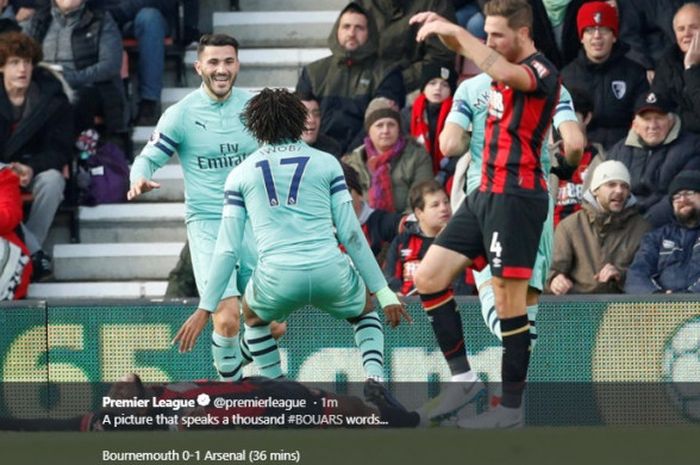 Selebrasi pemain Arsenal saat berhasil mencetak gol ke gawang Bournemouth pada lanjutan laga Liga Inggris di Vitality Stadium, Minggu (25/11/2018).