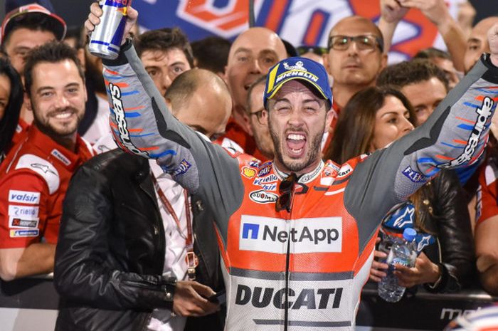  Selebrasi kemenangan Andrea Dovizioso  saat balapan pada seri pertama MotoGP 2018 di Sirkuit Losail, Qatar, Minggu (18/3/2018) malam WIB. 