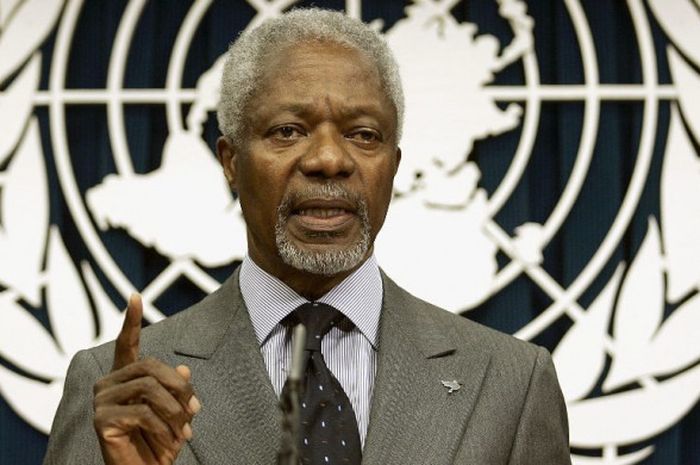 Kofi Annan saat berbicara dalam jumpa pers di markas PBB di New York, Amerika Serikat, 29 Maret 2005.