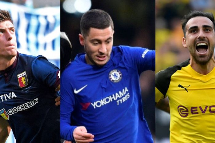 Dari kiri ke kanan: Krzysztof Piatek (Genoa), Eden Hazard (Chelsea), dan Paco Alcacer (Borussia Dortmund) menjadi top scorer sementara di masing-masing liga yang mereka ikuti bersama klub pada awal musim ini.