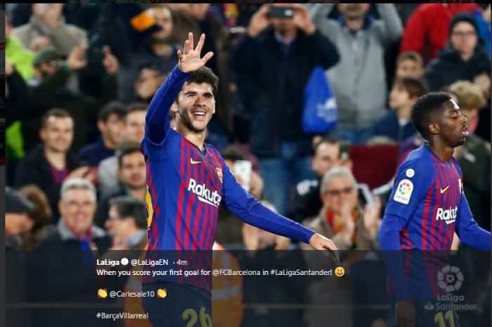 Gelandang Barcelona, Carles Alena, merayakan gol dalam laga Liga Spanyol pekan ke-14 kontra Villarreal, Senin (3/12/2018) dini hari WIB di Stadion Camp Nou.