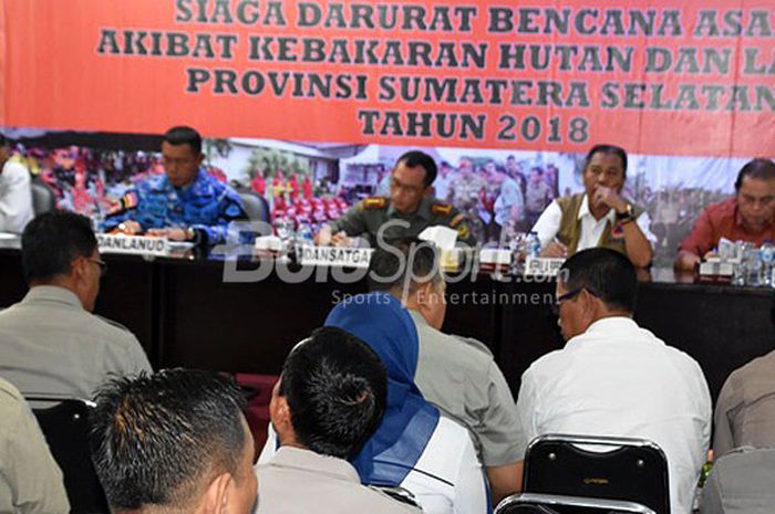 Tim Satgas Kahutbunlah Provinsi Sumsel melakukan rapat koordinasi kebakaran hutan dan lahan, Selasa (17/7/2018).