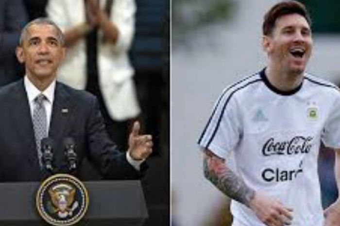 Presiden Amerika Serikat, Barack Obama (kiri), dan pemain Barcelona asal Argentina, Lionel Messi. 