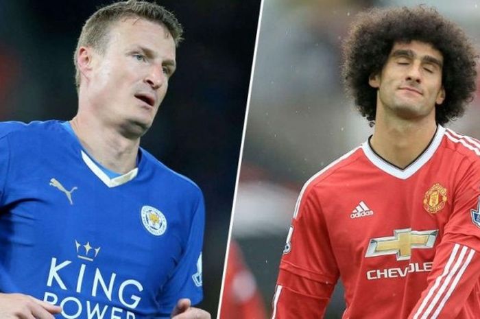 Robert Huth (kiri) dan Marouane Fellaini resmi dijatuhi sanksi akibat tindakan kasarnya pada laga Premier League antara Manchester United dan Leicester City di Stadion Old Trafford, Minggu (1/5/2016).