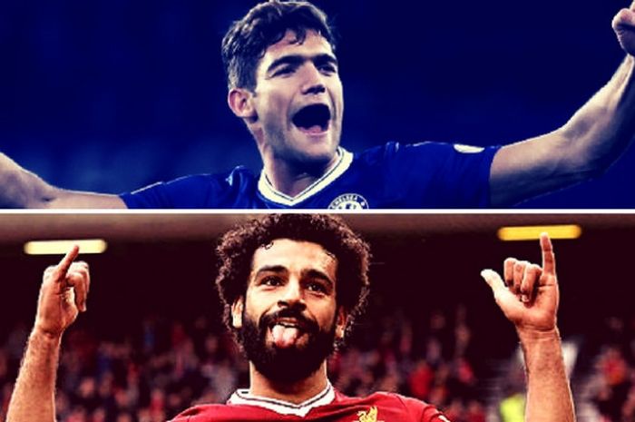 Dua gaya selebrasi berbeda dari pemain Chelsea, Marcos Alonso (atas), dan pilar Liverpool, Mohamed Salah (bawah).