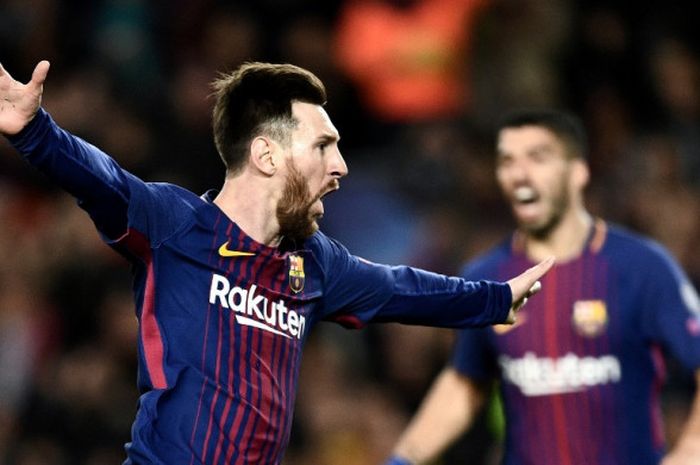  Megabintang FC Barcelona, Lionel Messi, merayakan gol timnya ke gawang AS Roma dalam laga leg pertama perempat final Liga Champions di Stadion Camp Nou, Barcelona, Spanyol pada 4 April 2018. 