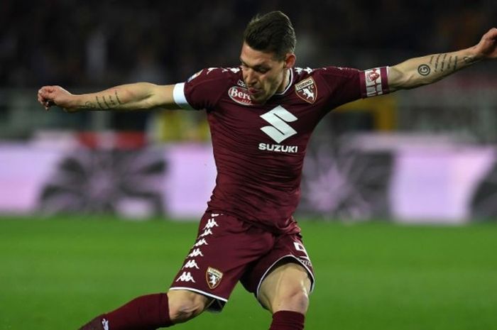 Aksi Andrea Belotti dalam laga Serie A antara FC Torino kontra UC Sampdoria di Stadio Olimpico,Turin, 29 April 2017. 