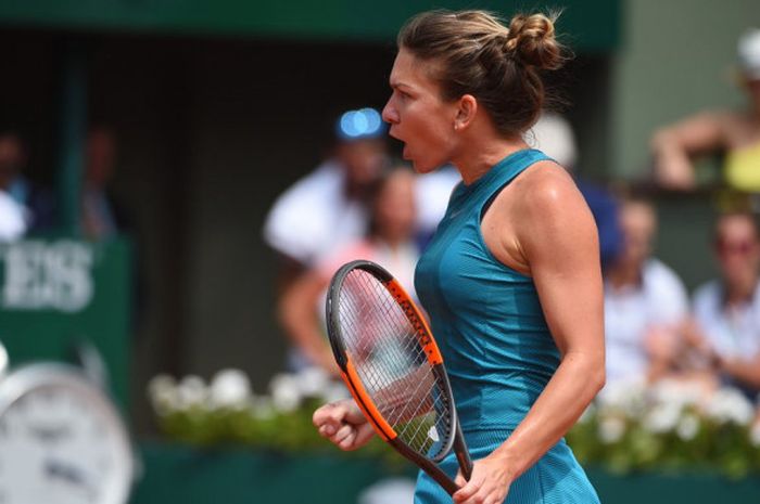 Ekspresi Simona Halep (Romania) saat menjalani partai final Roland Garros 2018 yang digelar Sabtu (9/6/2018).