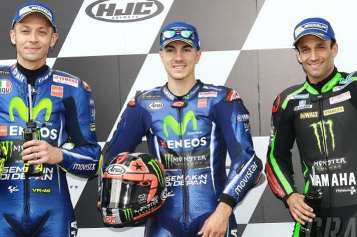 Valentino Rossi, Maverick Vinales, dan Johann Zarco saat sesi kualifikasi MotoGP Prancis 2017.