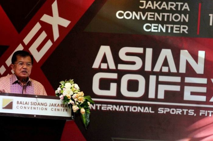 Wakil Presiden RI Jusuf Kalla berbicara dalam pembukaan GOIFEX di Jakarta Convention Center, Jakarta, Sabtu (19/8/2017).