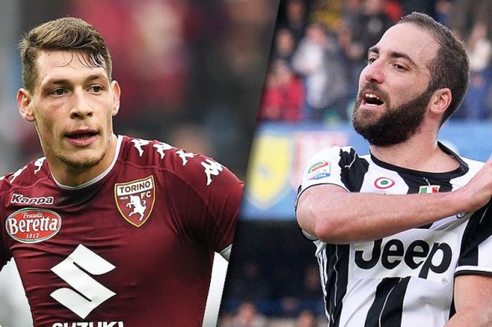 Striker Torino, Andrea Belotti (kiri), berupaya memanfaatkan celah di lini belakang Juventus. Sementara, penyerang Juventus, Gonzalo Higuain, baru pulih rasa percaya dirinya.