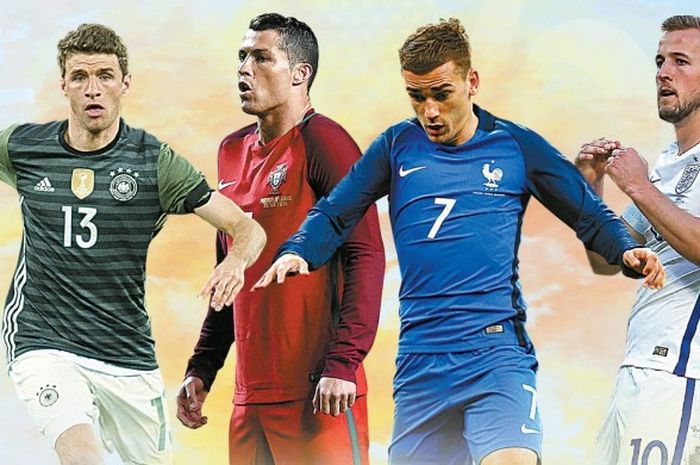Thomas Mueller, Cristiano Ronaldo, Antoine Griezmann, dan Harry Kane, difavoritkan menjadi top scorer Piala Eropa 2016.