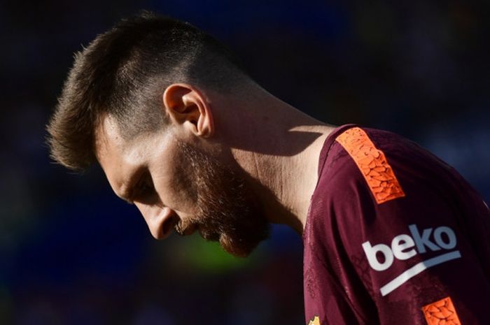 Reaksi megabintang FC Barcelona, Lionel Messi, dalam laga Liga Spanyol kontra Getafe di Stadion Alfonso Perez, Getafe, pada 16 September 2017.
