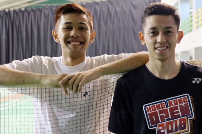 Pasangan  ganda putra Indonesia, Fajar Alfian/Muhammad Rian Ardianto, berpose di hall pelatnas, Cipayung, Jakarta jelang Malaysia Masters 2019.
