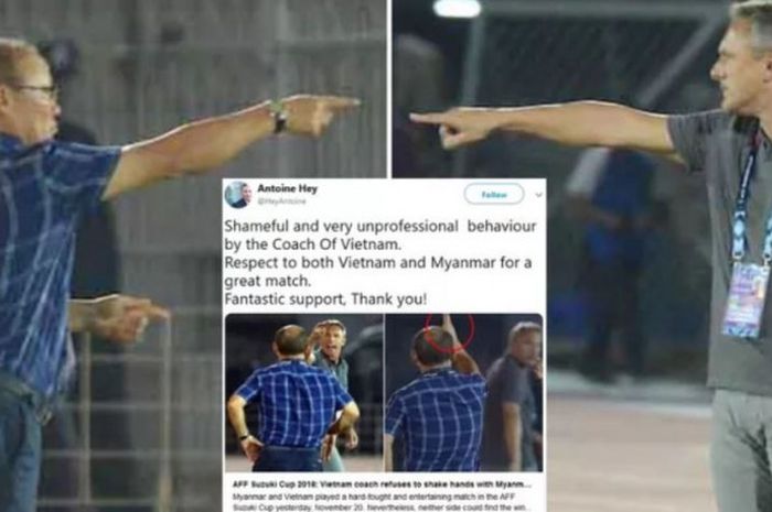 Pertikaian antara Pelatih Timnas Myanmar Antoine Hey dan Pelatih Timnas Vietnam Park Hang-seo yang berlajut ke dunia maya.