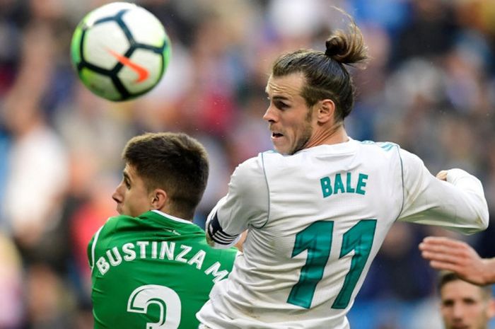 Aksi pemain bintang Real Madrid, Gareth Bale, pada pertandingan lanjutan Liga Spanyol melawan Leganes di Stadion Santiago Bernabeu, Sabtu (28/4/2018) waktu setempat.