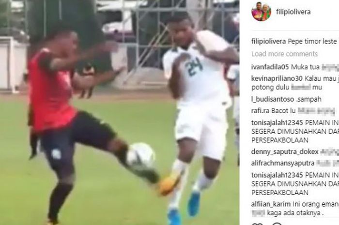 Postingan Instagram bek Timnas Timor Leste, Filipe Oliveira, saat melakukan aksi brutal pada pemain Timnas U-22 Indoneisa di ajang SEA Games 2017.