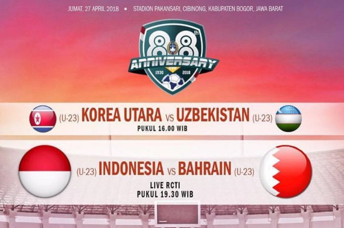 Timnas U-23 Indonesia akan berhadapan dengan Bahrain di ajang PSSI Anniversary Cup 2018 pada Jumat (27/4/2018)