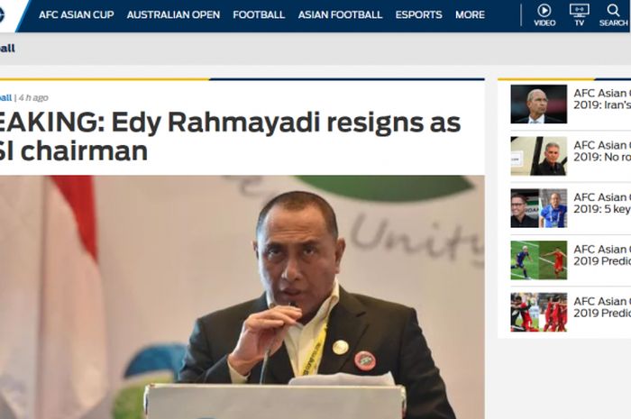 Fox Sports Asia sorot pengunduran diri Edy Rahmayadi sebagai Ketua Umum PSSI, Minggu (20/1/2019).