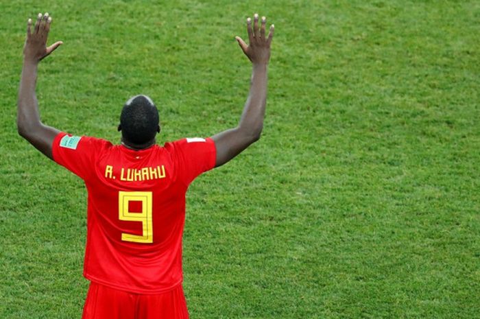 Ekspresi penyerang Belgia, Romelu Lukaku, seusai timnya mengalahkan Jepang dalam laga babak 16 besar Piala Dunia 2018 di Rostov Arena, Rostov-On-Don, Rusia pada 2 Juli 2018.