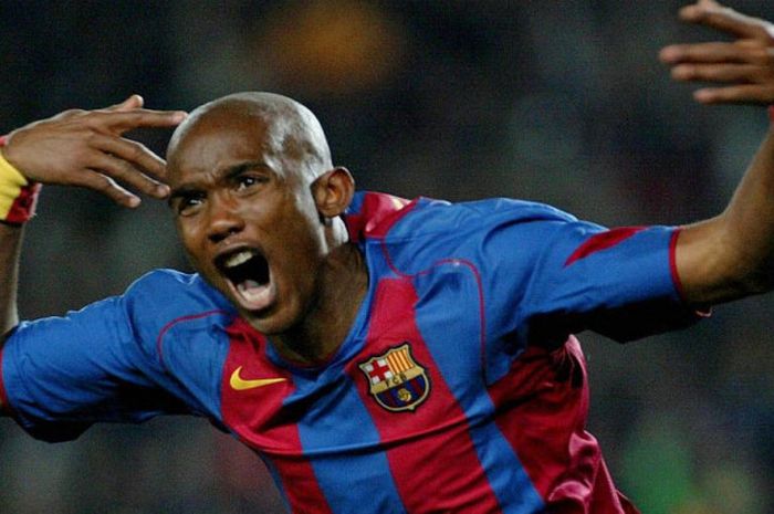 Samuel Eto'o merayakan gol untuk FC Barcelona 