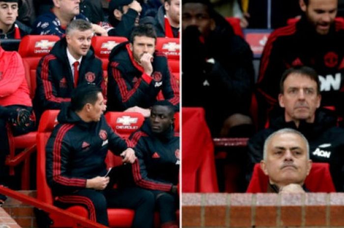 Perbedaan posisi duduk Ole Gunnar Solskjaer dengan Jose Mourinho saat jadi pelatih Manchester United