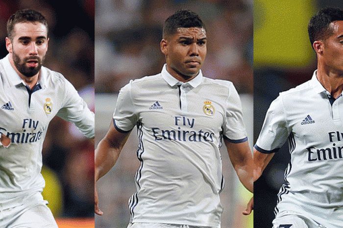 Dari kiri ke kanan: Dani Carjaval, Casemiro, dan Lucas Vazquez, cemerlang setelah disekolahkan Real Madrid ke klub-klub lain. 