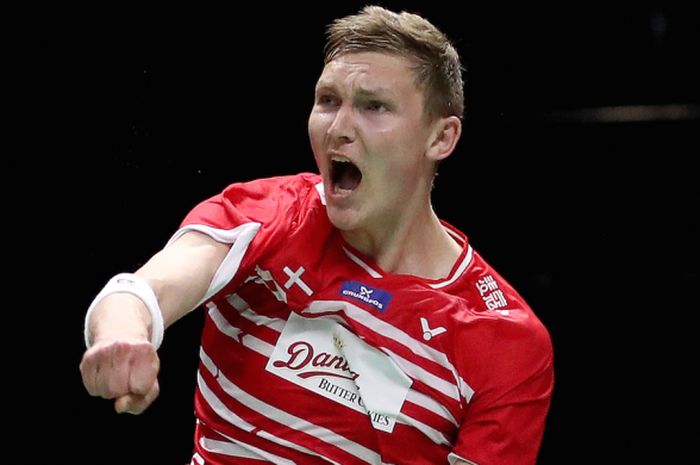  Ekspresi Viktor Axelsen (Denmark) usai menang 21-14, 14-21, 22-20 atas Son Wan-ho (Korea Selatan) di perempat final Piala Thomas 2018 pada Kamis (24/5/2018) di Impact Arena, Bangkok, Thailand. 