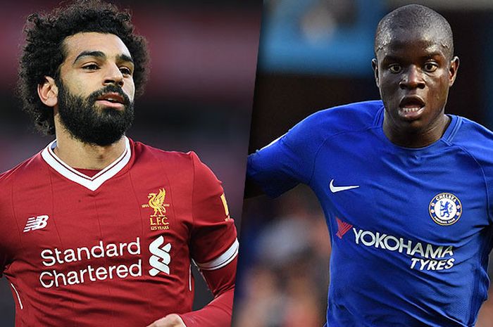 Penampilan solid striker Liverpool, Mohamed Salah (kiri), mendapat tantangan dari gelandang Chelsea, N'Golo Kante.