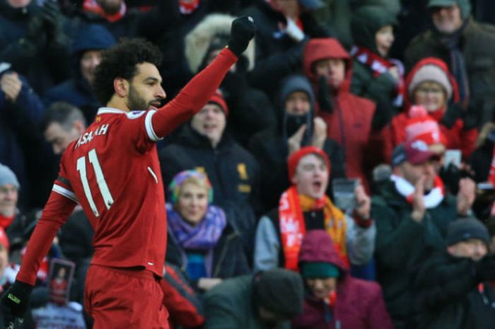    Mohamed Salah, usai mencetak gol dalam laga Liverpool Vs Watford pada lanjutan laga Liga Inggris pekan ke-31 di Stadion Anfield, pada Sabtu (17/3/2018) atau Minggu dini hari WIB   