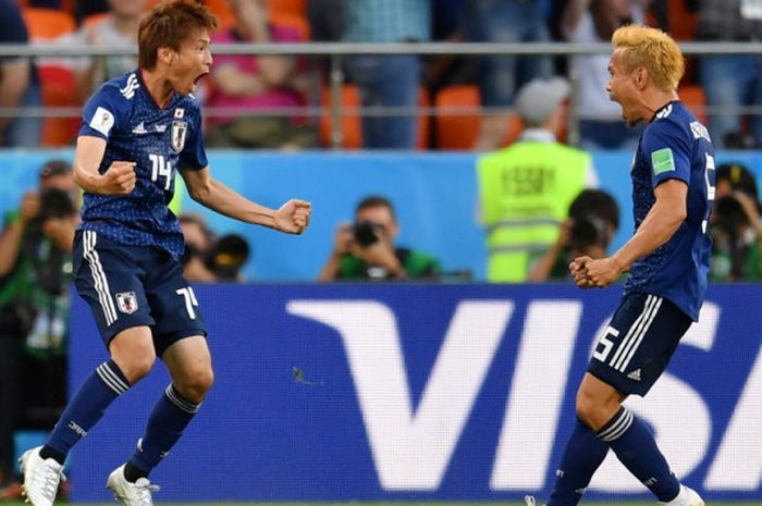 Pemain Jepang, Takashi Inui, merayakan gol yang dicetaknya ke gawang Senegal pada laga penyisihan Grup H Piala Dunia 2018 di Ekaterinburg Arena, Minggu (24/6/2018).